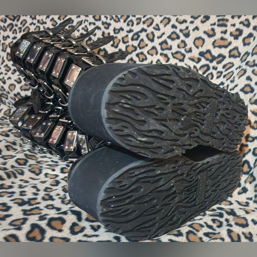 Demonia Swing-815 Wide-Calf Black Patent Combat Boots with Silver Buckles - Picture 4 of 4